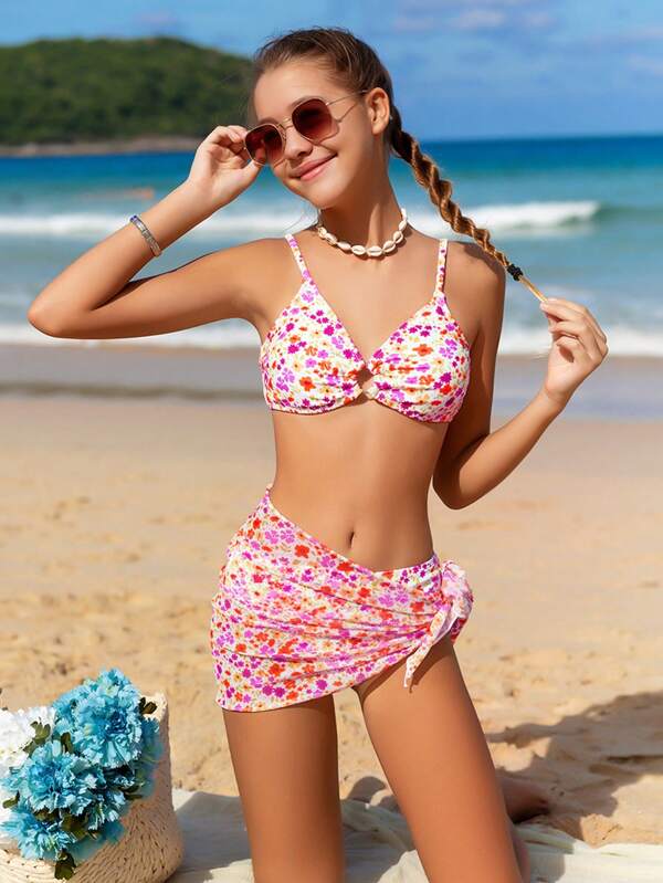 SHEIN Teen Girl Floral Print Ruffled Bikini With Knot Detail, 3pcs/Set Kids Swimming ,Kids Beachwear
