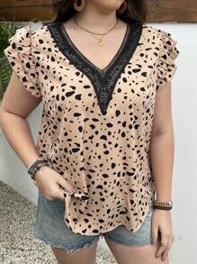 EMERY ROSE Blusa De Talla Grande Con Estampado De Leopardo Y Encaje De Remiendo - Caqui - Ver 5
