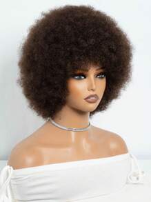 Afro Wig Human Hair Short Afro Kinky Curly Wig With Bangs 6 Inch Brown Afro Wig