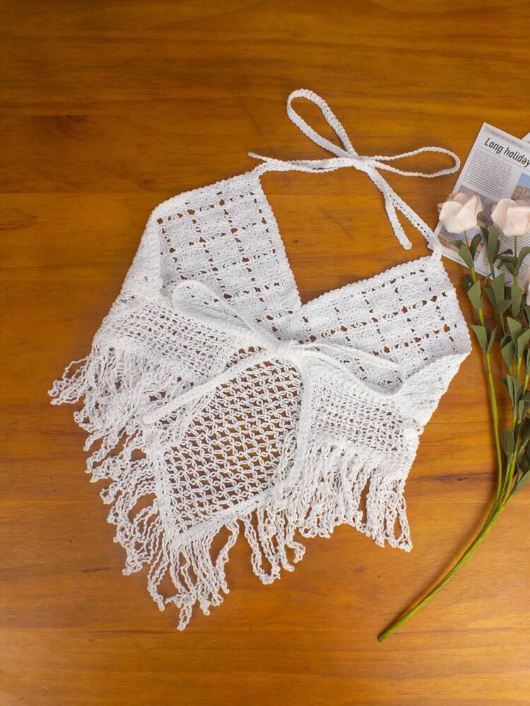 Summer Hollow Knitted Tassel Hem Halter Cover Up