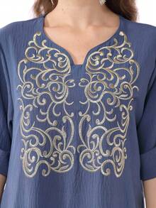 斋月刺绣 V 领宽松拼布褶皱阿拉伯风格连衣裙 Jalabia，传统优雅设计，适合 2025 年春夏