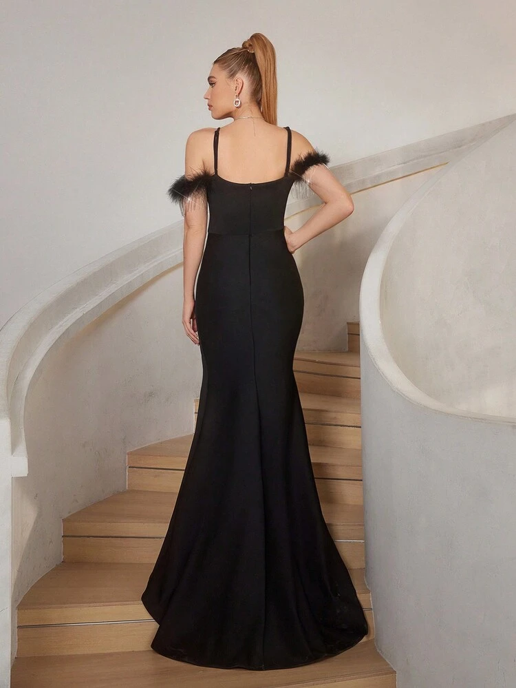 Elegant, Gorgeous And Romantic Women's Black Sexy Off-Shoulder Sleeves Feather Rhinestone Tassel High Waist Slit Fishtail Dress Suitable For Festival Weddings Holiday Parties Long Floor-Length Heavy Evening Dress
