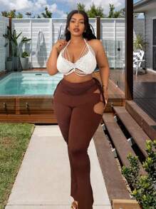 Maweii Plus Size Solid Color Halter Neck Tie Back Hollow Out Knitted Top - White - View 4