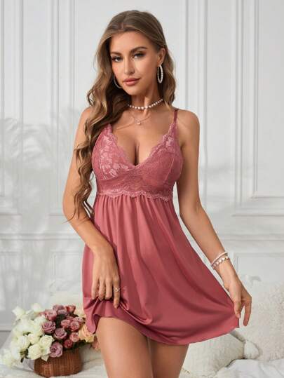 Spliced Kanten Cami Sleep Dress Pajama view 3