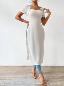 SHEIN Essnce Của phụ nữ Ngắn tay Viền chia cắt Áo thun Với Thiên nga Đường viền cổ áo - Màu be - Xem 4