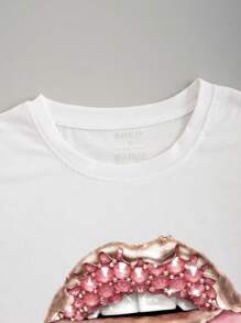 INAWLY Lips Printed Short Sleeve T-Shirt - White - View 4