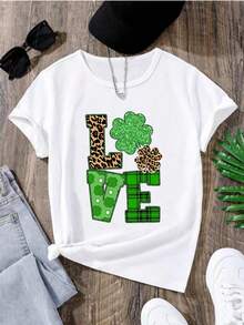 Áo thun in chữ và cỏ may mắn Tween Girl - màu đen - Xem 1