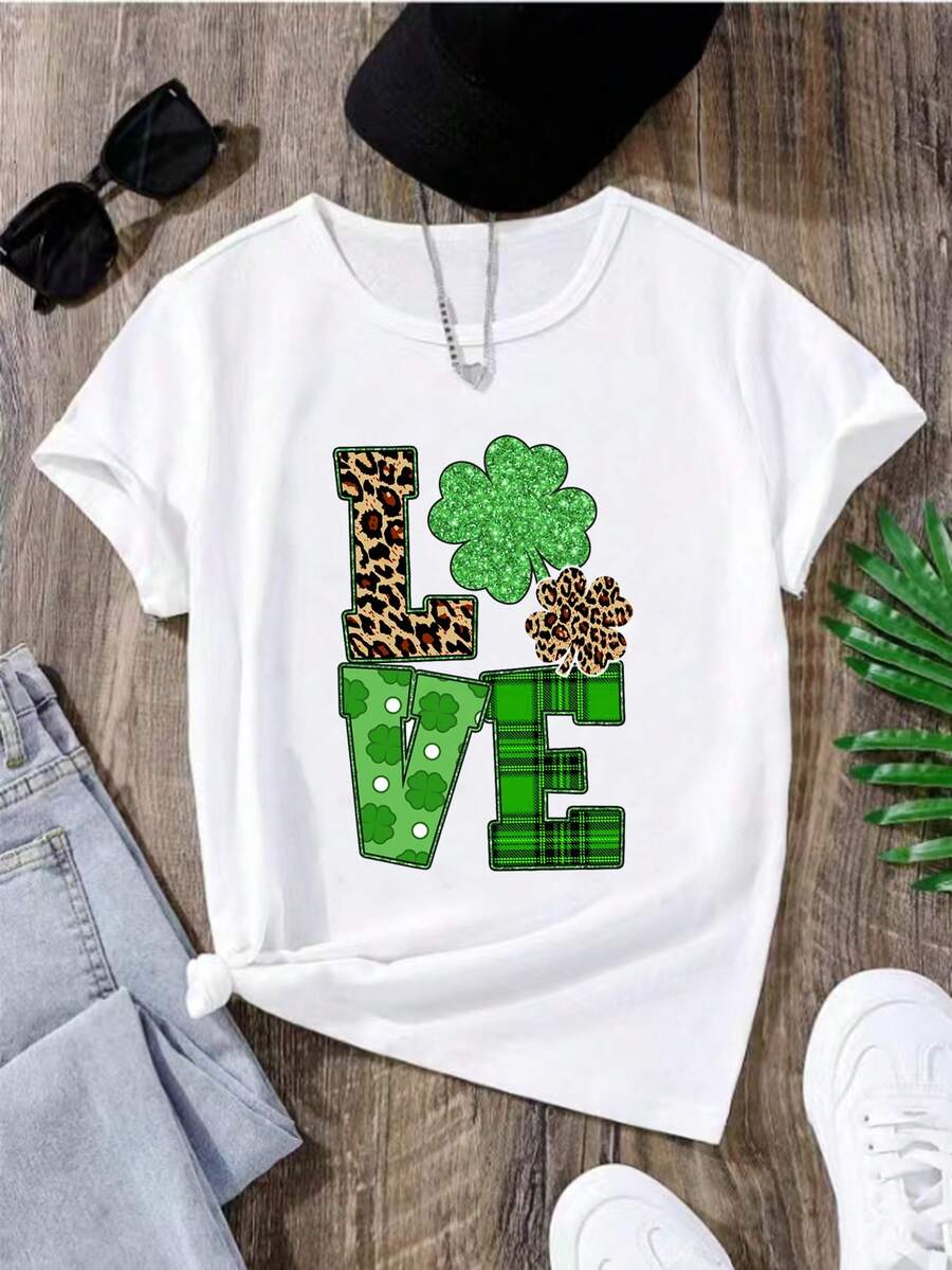 Áo thun in chữ và cỏ may mắn Tween Girl - màu đen - Xem 1