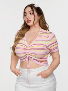 SHEIN Qutie Plus Size Women's Rainbow Stripe Front Drawstring Ruched Short Sleeve Knitted Top