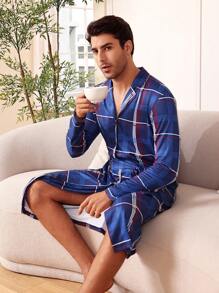 Men's Plaid Long Sleeve Homewear Robe - Multicolor - View 3