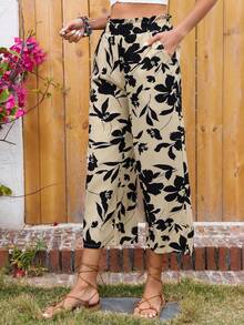 女式休闲度假风格花卉印花阔腿裤 - 卡其色 - 查看 3