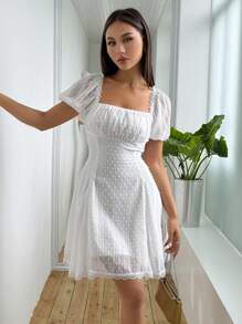 SHEIN Unity Của phụ nữ Cổ vuông Ngắn Ống tay áo Bong bóng Đầm - trắng - Xem 4