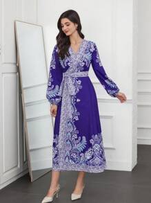 Seusyu Vestido Cruzado De Mujer Con Mangas De Linterna Y Estampado De Cachemira - Multicolor - Ver 5