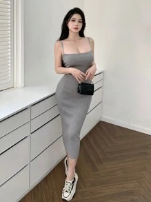 DAZY Vestido de tirantes acanalado de unicolor para mujer - Gris Claro - Ver 2