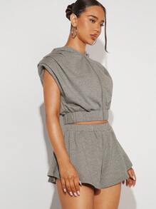 SHEIN Unity Zip Sleeveless Hoodie & Shorts Two Pieces Set - Light Grey - View 5