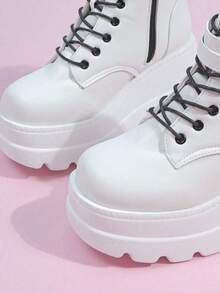 ROMWE Kawaii 女士側拉鍊厚底純色踝靴和短靴 - 白色 - 查看 2