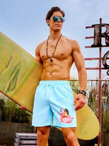 Surfspeed Men's Flamingo Print Drawstring Waist Beach Shorts - Baby Blue - View 3