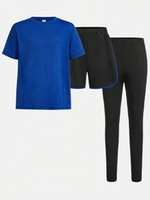 SHEIN 3 Cái/bộ Teen Boy Casual Màu Cổ Tròn Tay Ngắn Áo Form Rộng Quần Short Và Bó Sát Quần Dài Thể Thao - Nhiều màu - Xem 13