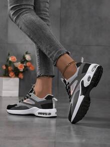 Women's Solid Color Mesh Sneakers, Lace Up Breathable Flat Air Cushion Sporty Trainers, Lightweight Low-Top Shoes
