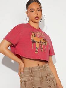 Denimoi Camiseta corta con gráfico occidental SUBE A LA MONTURA CHIQUITA - Marrón - Ver 5