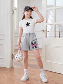 SHEIN Quần short dệt kim trơn rộng rãi cho bé gái tuổi mới lớn có thiết kế chữ - Xám - Xem 3