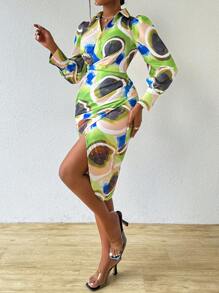 Zolique Color-Block V-Neck Slim Fit Long Sleeve Dress - Multicolor - View 5