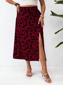 SHEIN Clasi Kích thước lớn In Cao eo Khe Váy - Màu Đỏ Sâu - Xem 5