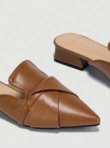 Damskie wygodne, uniwersalne, wsuwane pantofle z odkrytym tyłem, na jesień 2025 r., nowe, proste, skórzane, na grubym obcasie, z miękkiej skóry, ze spiczastym noskiem