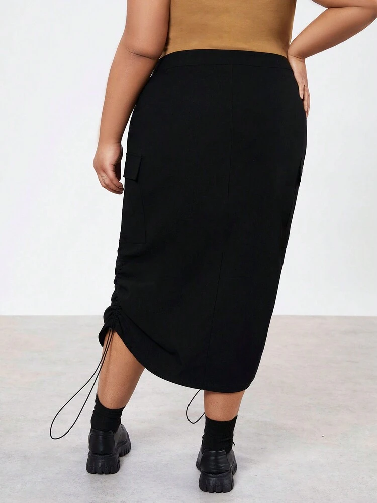 Plus Size Flap Pocket Drawstring Pleated Skirt