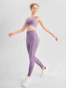 SHEIN 青少女運動健身套裝，包括桃臀彈力背心和長褲，適用於戶外運動 - 棕色 - 查看 1