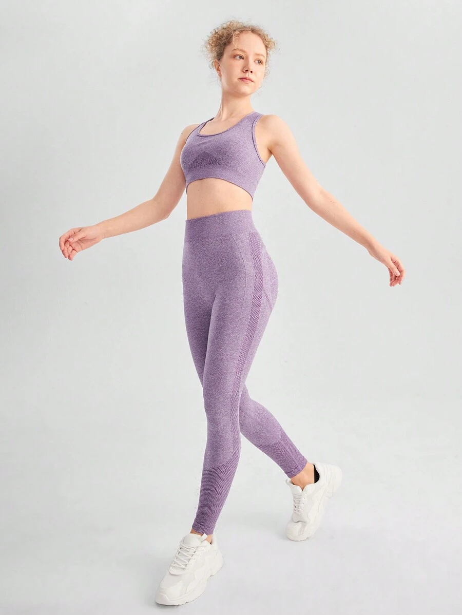 SHEIN 青少女運動健身套裝，包括桃臀彈力背心和長褲，適用於戶外運動 - 棕色 - 查看 1