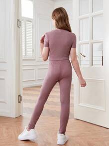 SHEIN Conjunto de pijama tejido para niña adolescente con parte superior de cuello redondo y pantalón de unicolor - Púrpura polvoriento - Ver 2