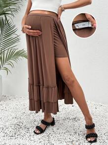 SHEIN Maternity Skirt With Ruffled Hem And Side Slit - Brown - View 1