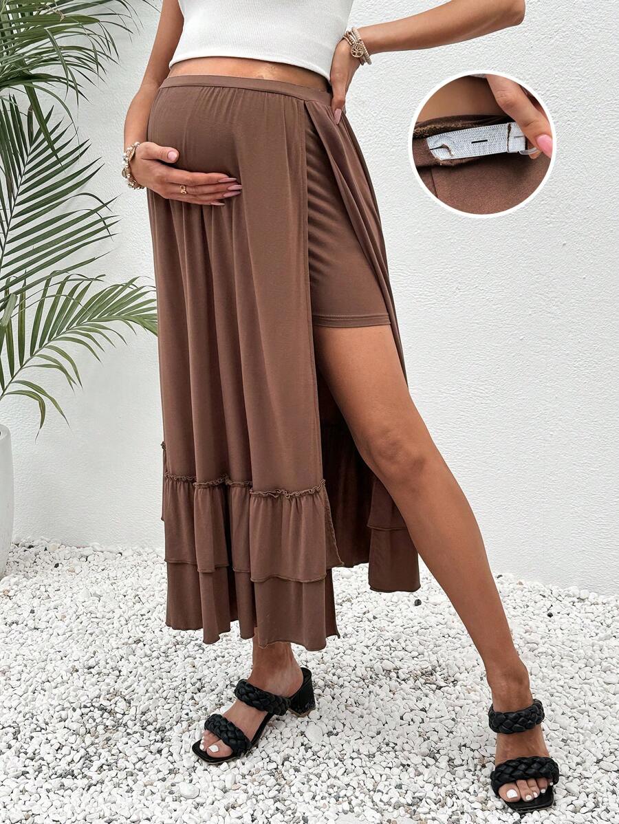 SHEIN Maternity Skirt With Ruffled Hem And Side Slit - Brown - View 1