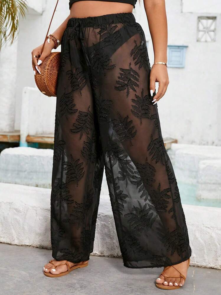 SHEIN Holidaya Pantalones De Talla Grande Con Detalle De Flores En La Cintura Elástica Y Patas Anchas - Negro - Ver 3
