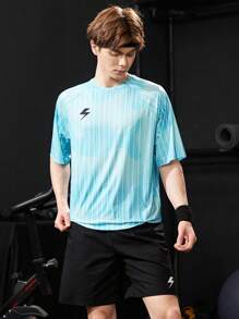 SHEIN Teen Boy Leisure Geometric Number Pattern Printed Lightning Logo Sports Short Sleeve T-Shirt With Sports Loose Shorts Suit, Summer, Sports, Running, Gym - Multicolor - View 3