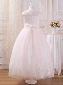 SHEIN Premium Flower Girls Dress For Weddings, Embellished Princess Style Net Tulle Gown For Teen Girls, Graduation Ceremony & Birthday Party