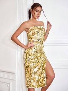 SHEIN BAE Vestido Formal Con Cuentas Y Sin Tirantes Para Mujer - Dorado - Ver 5
