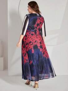 Lacomfia Vestido De Talla Grande Con Cuello Redondo Y Superposición De Malla Con Patrón - Multicolor - Ver 2