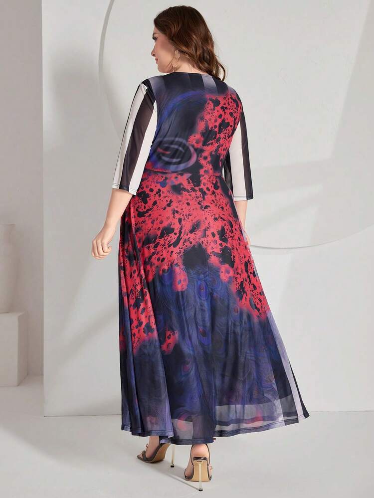 Plus Size Crew Neck Patterned Mesh Overlay Dress
