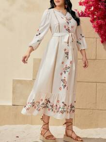 Seusyu 大尺碼女士阿拉伯風燈籠袖花卉印花連衣裙 - 杏色 - 查看 6