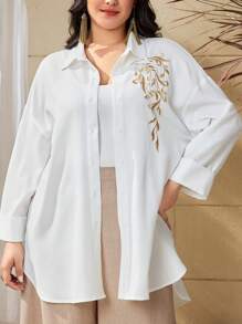 Mulvari 大尺碼女士植物刺繡垂墜肩襯衫 - 白色 - 查看 1