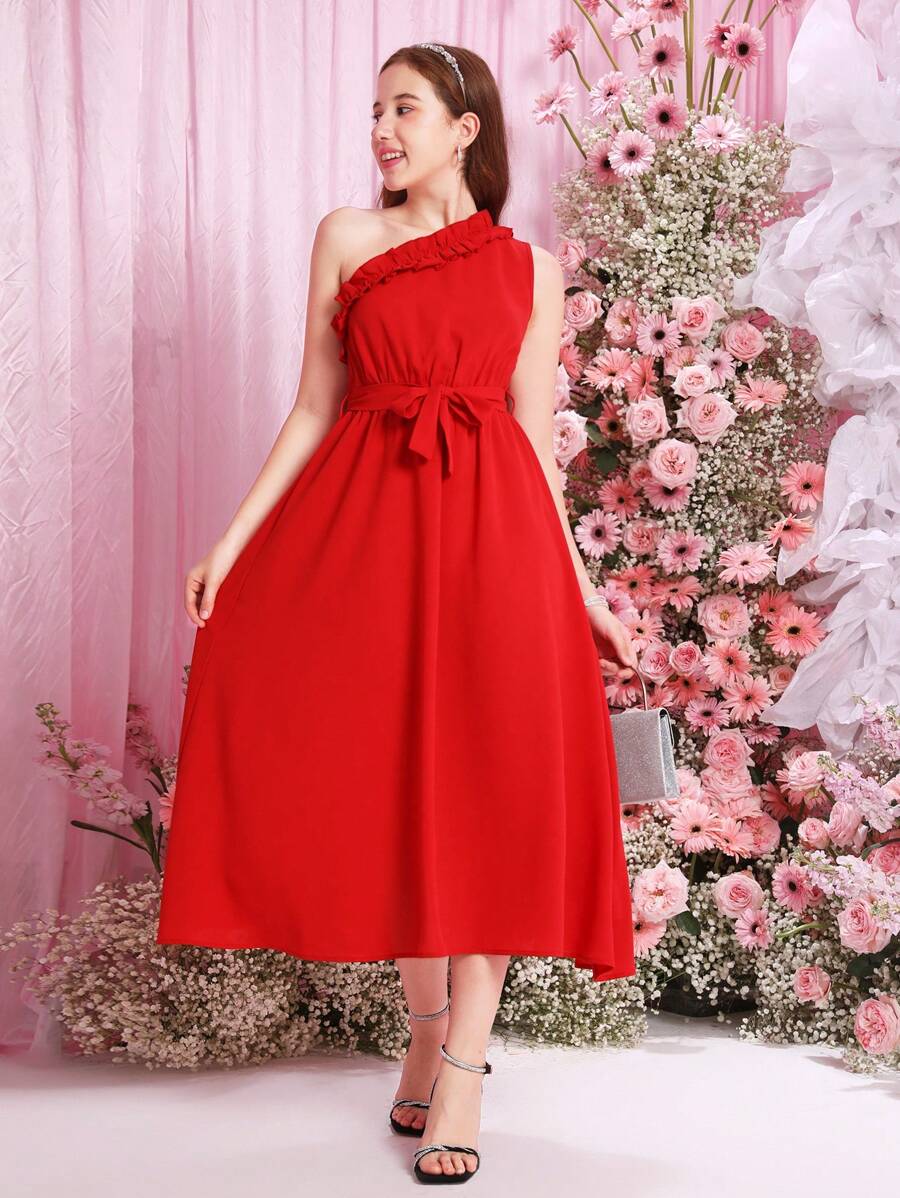 SHEIN Teen Girl Solid Color Mushroom Pleated Edge One Shoulder Strap Casual Dress - Red - View 1