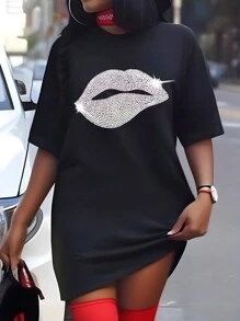 Flirla 大尺碼女性唇形圖案鑲有鑽石裝飾的圓領短袖連衣裙 - 黑色 - 查看 1