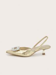 Women's Sweet Princess Style High Heels With Rhinestones, Quality Pointed Toe New Shoes (Random Stone Pattern) - Gold - View 2