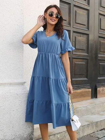 Solid Color V-Neck Short Sleeve Ruffled Hem Women Dress