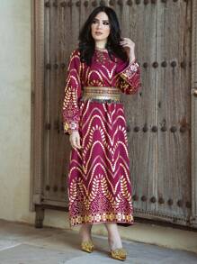 Al Najma Women'S Arabian Back Tie Plant Printed Dress, Evening Modest Jalabiya