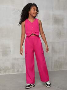 SHEIN Leap Crew Tween Girl's Casual Spring/Summer Plain Woven Sleeveless Top And Pants Set - Hot Pink - View 6