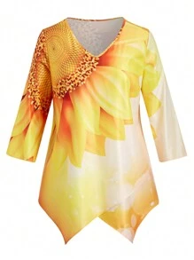 EMERY ROSE Kích thước lớn In hoa Wrapped Hem Áo thun - Màu vàng - Xem 1
