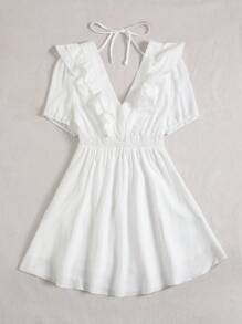 Franclia Plus Size Women's Ruffle Edge Short Sleeve Dress - White - View 5